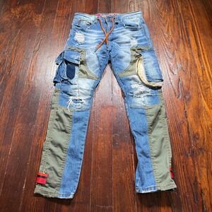 Smugglers Moon Jeans Mens 30x31 Blue Distressed Cargo Patchwork Straps Stretch